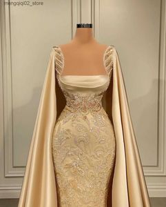 Urban Sexy Dresses Gold New Arrival Mermaid Evening Bateau Sleeveless Capes Satin Lace Ruffles Sequins Appliques Embroidery Elegant Celebrity Prom Q240307