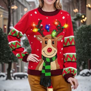 Pullovers Women LED Light Up Holiday Sweater Christmas Cartoon Reindeer Knit Pullover Top Crochet Fuzzy Women Sweater Autumn Winter 2023