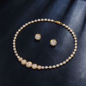 Nowe przylot halo okrągłe krojone sześcienne cyrkonia kryształowa biżuteria ślubna zestaw w kolorze rod srebrnym / żółtym złotym kolorze