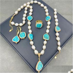 Earrings & Necklace Earrings Necklace Baroque Freshwater Pearl Turquoise Ore Set Exquisite Druzy Czech Diamond Four-Piece For Beach P Dhniy