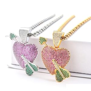 Other Jewelry Sets 18K Gold Cubic Zirconia Arrow Pierced Heart Necklace Jewelry Set Bling Iced Out Love Pendant Hiphop Necklaces Wome Dhlrc