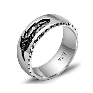 Unibabe 925 Sterling Silver Jewelry Creative Feather Ring Men Kvinnor Real Silver Retro Plume Fashion Ring Gift 240220