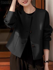 Jackets ZANZEA Fashion Leather PU Blazer Autumn Vintage Button Jackets Female Long Sleeve ONeck Solid Coats Woman Elegant Outwear 2023