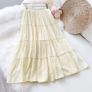 Kjolar sommar bomullslinne kjol litterär svart vit lång hög midja avslappnad a-linje för kvinnor veckade koreanska modekläder