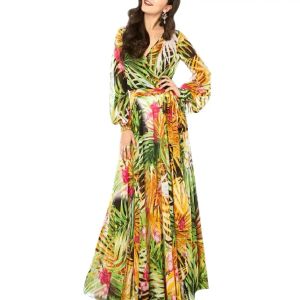 Dress Elegant Party Women's Dress boho Summer Bohemia Beach Women Robe Leaves Print V Neck Long Lantern Sleeve Maxi Dress