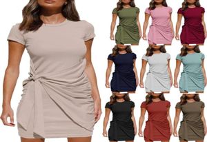 Casual Dresses Office Ladies Knuted Ruched Irregular Dress Belt Tshirt Mini Pleated Cotton Short for Women outfit Femme Summer9764459