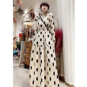 Giyin Yeni Stil Uzun Etek Bohem Kadınlar Retro Slim ve Zarif Fransız Retro Hepburn Tarzı Siyah Polka Dot Uzun Etek Kore Stili