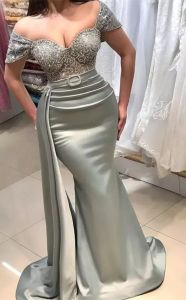Ebi Aso Arabic Plus Size Grey Mermaid Sexy Evening Dresses Lace Beaded Satin Prom Formal Party Second Reception Gowns