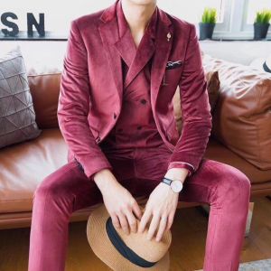 Suits 2023 Business Damat Smokin Takım Blazer ve Pantolon Şarap Kırmızı Gri Lüks Kadife Takım Erkek Kostüm Mariage Homme (Ceket+Yelek+Pantolon)