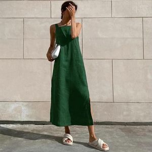 Casual Dresses Green Tank Summer Cotton Linen Sleeveless Straight Split Dress 2024 All-Match Midi Vacation Style Vestidos