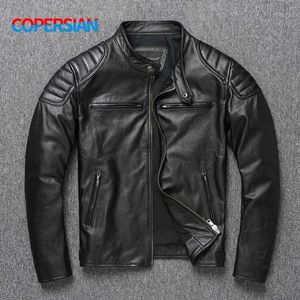 Läderjacka Top Layer 100% Cowhide Leather Clothes Mens Stand Collar Motorcykelkläder Autumn Winter Plus Size 240223