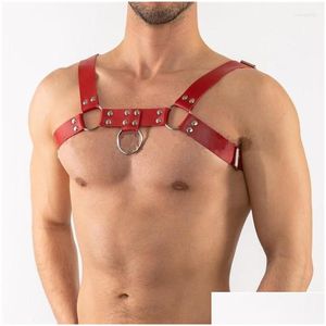 BHs Sets Fetisch Gay Kleidung Leder Männer Harness Gürtel Ual Body Bondage Riemen Dessous Punk Rave Gothic Mode Brustgürtel Red Drop Dhraz