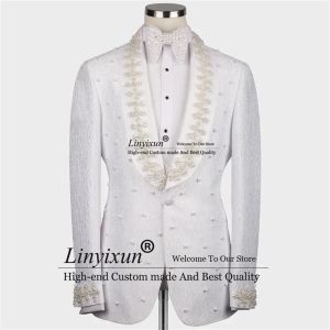 Костюмы Белый смокинг с жемчужной вышивкой для жениха, свадьба, роскошные мужские костюмы, комплекты из 3 предметов, пиджаки для выпускного вечера, облегающий костюм для ужина Homme