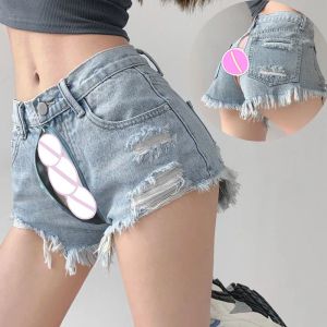 Jeans Retro Tattered Jeans Shorts Women's Summer Thin High Waist Wide Leg Pants Invisible Open Crotch Outdoor Sex Pants Denim HotPants