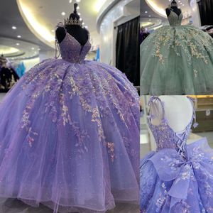 3D Floral Sequin Quinceanera Dress Glitter Tulle Ball Mexican Quince Sweet 15/16 Birthday Party Gown for 15th Girl Drama Winter Formal Prom Gala Orchid Sage Bow Straps