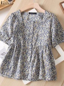 Bluse ZANZEA Kurzarm Floral Bedruckte Smock Tops Casual Koreanische Mode Tunika Urlaub Sommer 2023 Shirts Vintage Square Neck Blusen