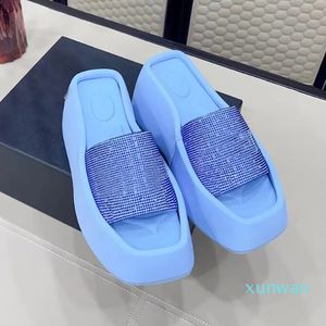 diamond spring and summer new women's slippers high mercerized fabric hot diamond process wedge 9cm sandals outdoor beach shopping fashion slippers