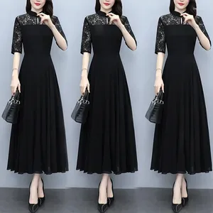 Бальные платья весна-лето черное платье Cheongsam женское элитное лоскутное кружевное женское элегантное шифоновое длинное платье