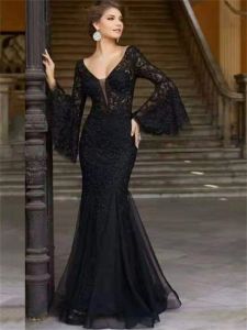 Dresses New Retro Punk Black Lace Vneck Flared Sleeve Dress Black Spring Summer Evening Dress Sexy Slim Fit Fishtail Long Banquet Dress