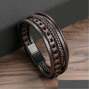 Chain Wrap Mti-Layer Leather Cord Braided Bracelet Stainless Steel Magnetic Buckle Bracelets Bangle Cuff Wristband Street Fashion Jew Dhhif