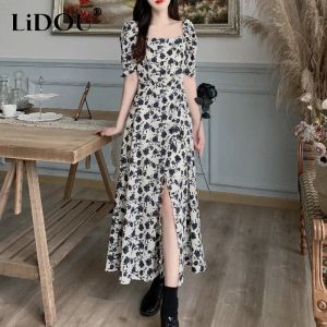 Dress Summer Rose Floral Print Waist Robe Femme Temperament Fashion Chic Long Dress Women Elegant Aesthetic Casual Vestidos De Fiesta