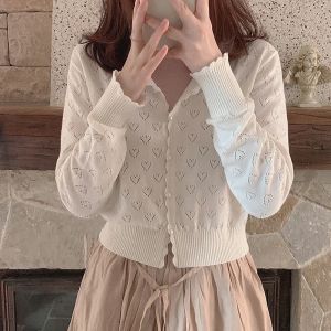 Cardigans White Knitted Cardigan Women Summer Hand Crochet Lace Pearl Button Heart Hollow Out Sweater for Sweet Girl