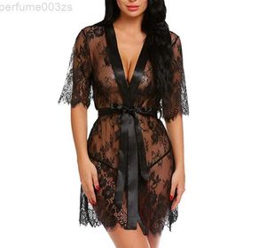 Babydoll erótico feminino renda pura lingerie sexy com decote em v sleepwear transparente camisola cardigan casa perspective9c22