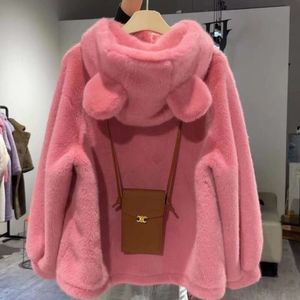 Осенне-зимнее новое плюшевое пальто из меха норки среднего размера, женское пальто с капюшоном и милыми ушками, свободное и теплое 968264