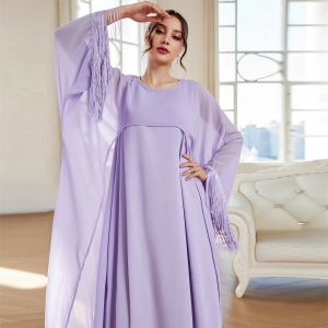 Платье, модный мусульманский комплект с кисточками, вечерние платья для женщин, мусульманский кафтан Абая, комплект из 2 предметов, вечерние халаты с длинными рукавами, однотонный цвет, Джалабия