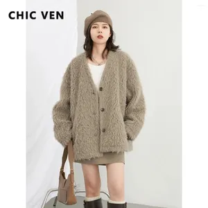 Women's Jackets CHIC VEN V-neck Plush Coat Loose Soft Cardigan Female Top Office Lady Winter Autumn 2024