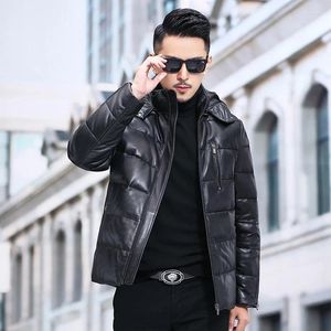 Ternos masculinos casacos de pele de carneiro inverno masculino casual parka para baixo jaquetas de couro hombre plus size moda zíper com capuz curto casaco