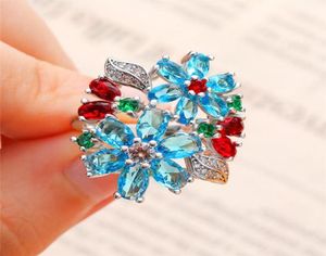 Bröllopsringar Boho Kvinna Blue Flower Ring Fashion Silver Color Band för kvinnor Small Red Green Stone Bridal Engagement1675635