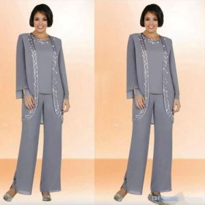 Modest Chiffon Jewel Long Mother Of The Bride Pant Suits With Long Sleeve Jacket Cheap Embroidery Formal Suits Custom Made