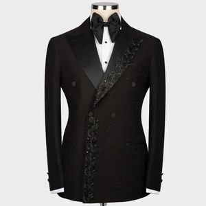 Luxo preto ternos de casamento para homens fino ajuste duplo breasted blazer calças 2 peças noivo smoking cristais contas baile vestido festa 240304