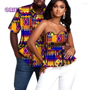 Ethnic Clothing 2 Pcs African Couple Clothes Tops Men Short Sleeve Shirt Women Off Shoulder Blouse Fashion Print Cotton WYQ728