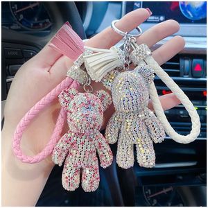 Nyckelringar Luxury Animal Keychains Rings 3D Bear Bldog French Dog Tassel Fl Crystal Rhinestone Car Key Chains Holder Sier Metal Keyrin Dhahu