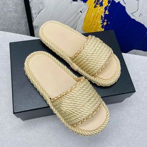 Women Designer Sandal Slippers Paris Platform Sliders Summer Metal Chain Hemp Rope Beach Slides Thick Bottom Sandals Shoes Black White Gold Size 35-42