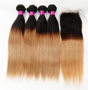 Malaysian virgin straight hair bundles with closure blonde lace closure with bundles ombre human hair lace closure4915840