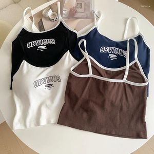 Women's Tanks Padded Bra Crop Tops O-neck Solid Color Summer Letter Printing Spaghetti Camisole Women Tank Top Edgy Clothes Y2k