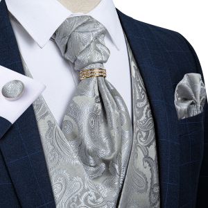 Coletes homens terno colete prata paisley floral seda casamento colete masculino ascot gravata bolso quadrado gravata anel sem mangas jaqueta dibangu