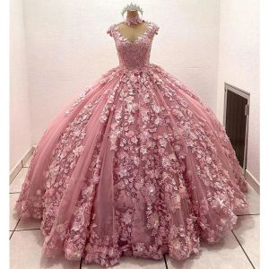 Różowe sukienki Quinceanera suknia balowa wysoka czapka szyi iluzja koronkowe aplikacje 3D kwiaty kwiatowe słodkie 16 vestido de 15 anos quinceanera