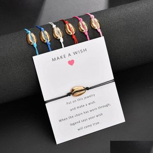 Charm armband nya guld cowrie skal charm wrap armband med make a wish present card för kvinnor delikat repkedja enkel bohemian vara dh8e0