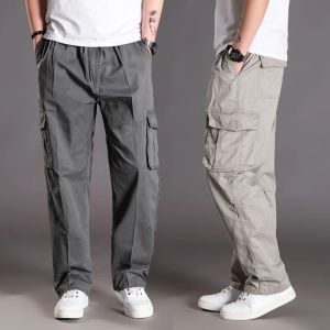 Calça mais tamanho 6xl 135kg Spring Men Men Cargo Casual Bolsas Esportam calças retas de elasticidade da cintura calças esticadas