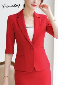 Anzüge Yitimuceng Büro Damen Formale Rock Anzüge Frauen 2023 Neue Halbe Hülse Einzigen Taste Dünner Blazer Hohe Taille Bleistift Rock set