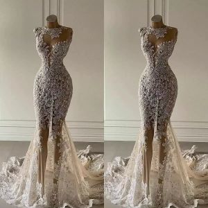 Crystal Mermaid Wedding Dresses See Through Lace Appliqued Bridal Gowns Luxurious Sequined Dubai Wedding Dress Customise