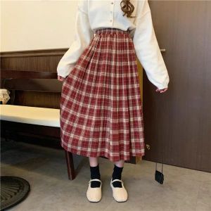 Vestidos Scamora mulheres Cantura elástica novo Plaid plised Red Black Estilo coreano Solid Sweet Girls Escola estudantes Slim Allmatch Long Womens