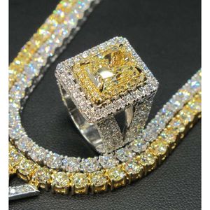 Luxuriöser, feiner Moissanit-Schmuck, smaragdgelber Anhänger und Ring, Silber 925, vergoldetes Weißgold für Hip-Hop-Mann