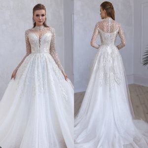 Classic A Line Kadın Gelinlik Yüksek Yakalı Uzun Kollu Gelin Gowns Sequins Düğmesi Süpürme Tren Elbise Özel Yapımı Vestidos de Novia