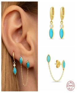 Aide 925 Sterling Zilveren Vintage Blauw Turquoise Ovale Steen Hanger Drop Oorbellen Vrouwen Dubbele DS Chain Earring Partij Siera1680403