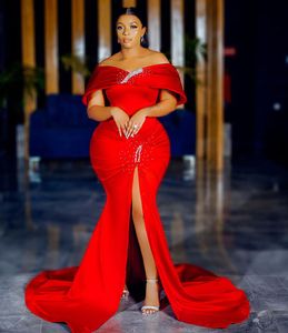 Wholesale Red Mermaid Evening Dress New Prom Dresses Off shoulder Side Slit Beaded Satin Formal Women Gowns For Birthday Party Aso bi